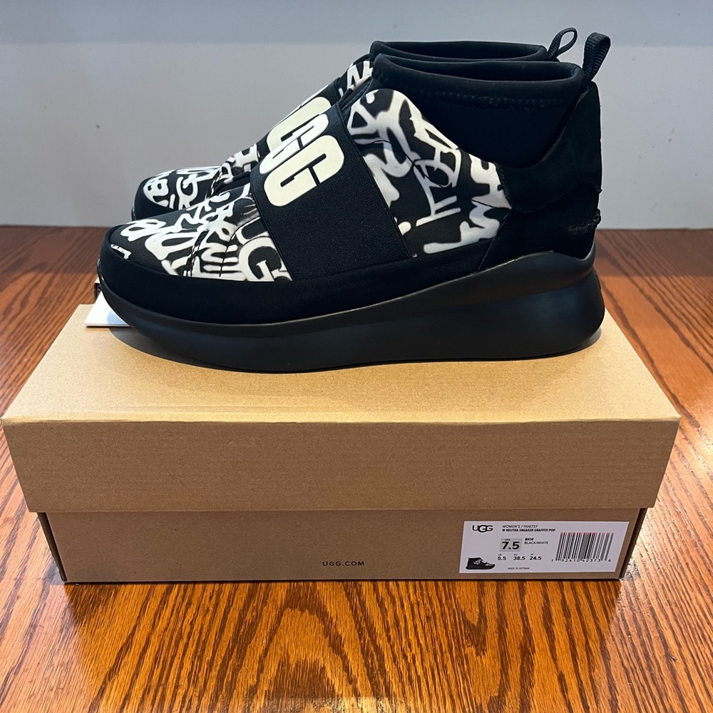 NIB UGG Neutra Black and White Graffiti Pop Sneakers, size 7.5 - Picture 2 of 5